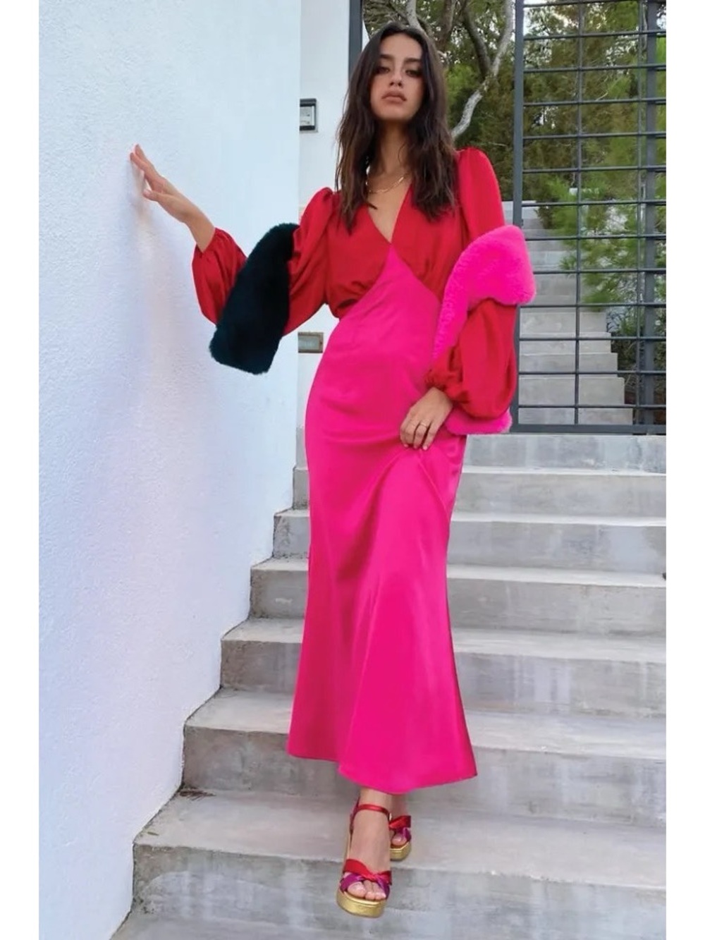 Never Fully Dressed Louella Long Sleeve Maxi Dress in Pink/Red Size 8
